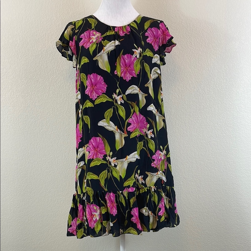 Milly Black and Pink Floral Flutter Sleeve 100% Silk‎ Sundress Large